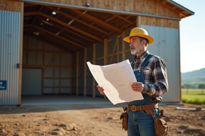 Ferme avec fermier regardant le hangar agricole neuf