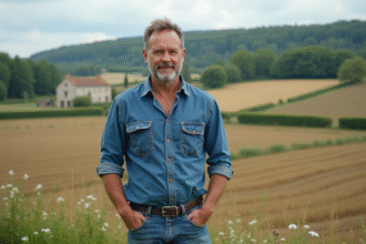 Paysage rural avec fermier français et champs cultivés