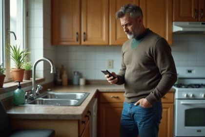 Homme inquiet devant fuite d'eau sous évier cuisine