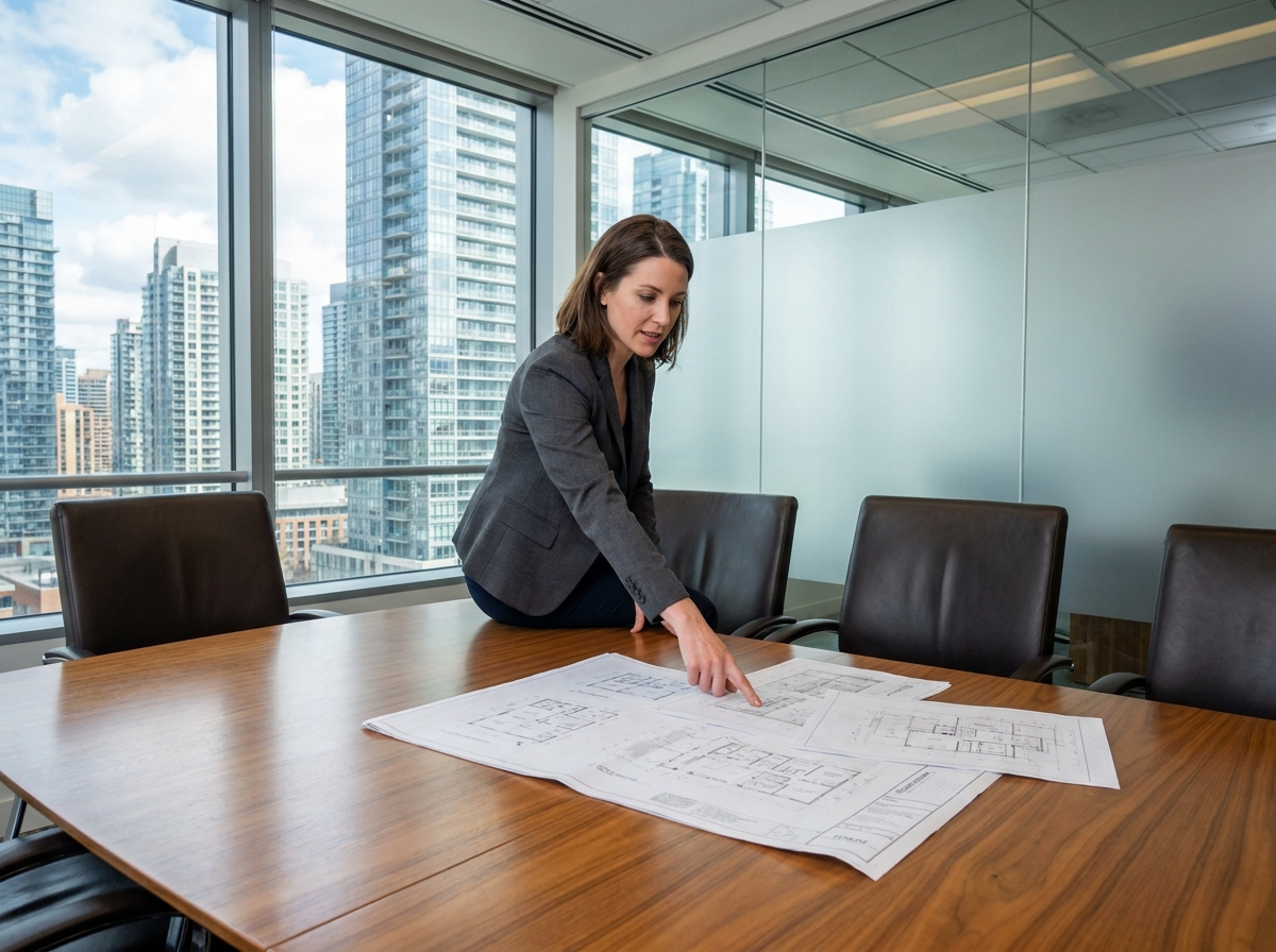Gestionnaire d'actifs professionnels présentant des plans immobiliers lors d'une réunion d'affaires