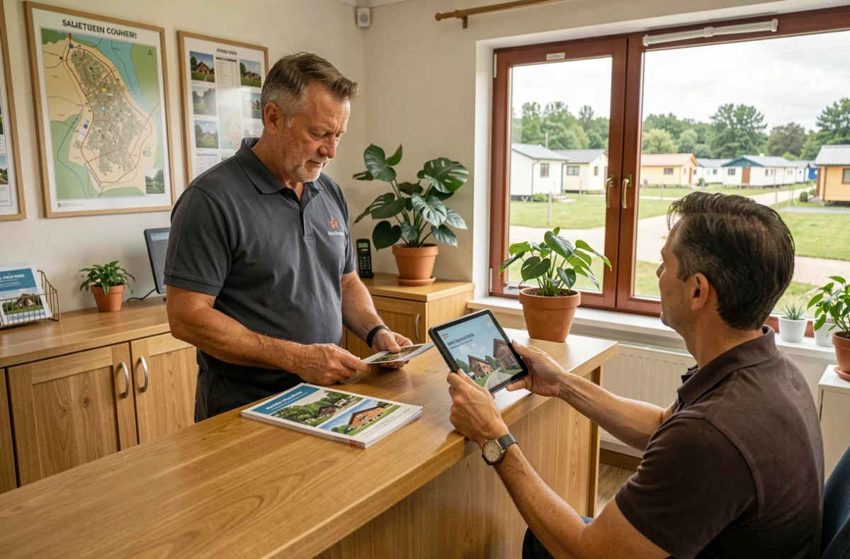 Gestionnaire de camping présentant des informations sur l'achat de chalets à un client en réception