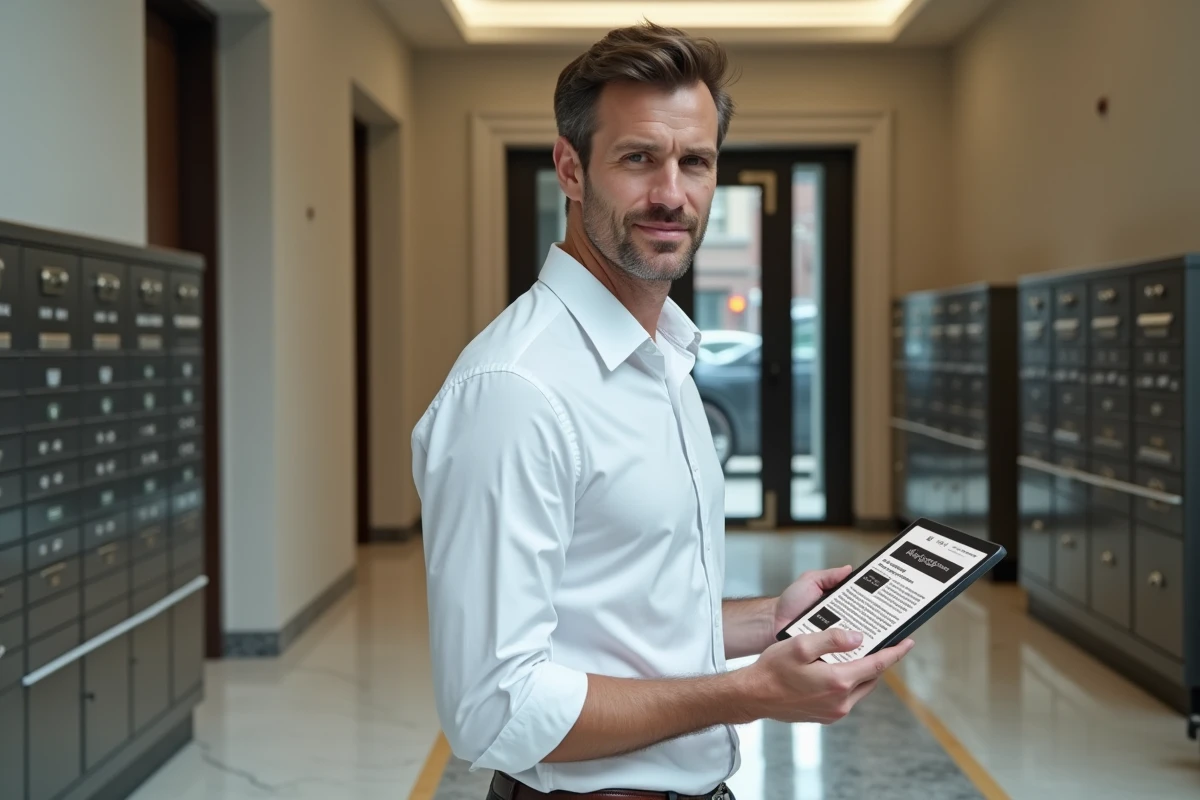 Gestionnaire de copropriété consultant un blog professionnel sur tablette dans le hall d'un immeuble résidentiel