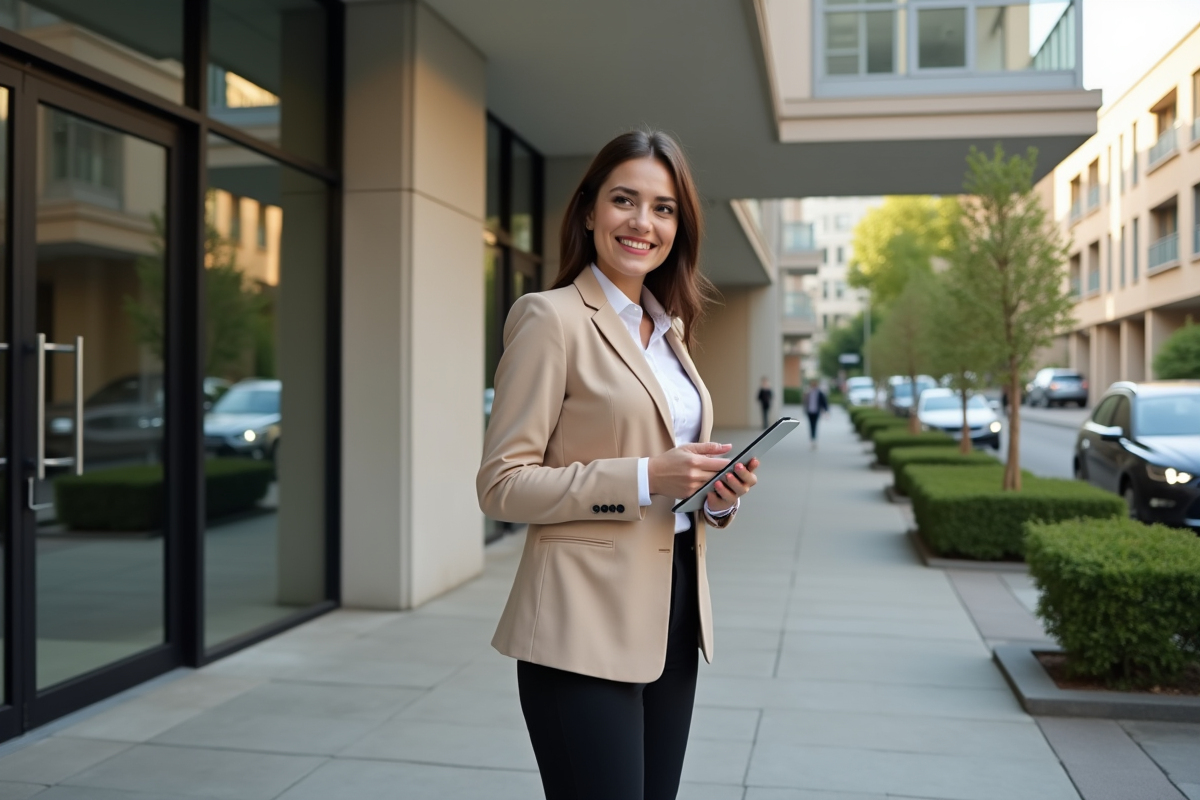 Gestionnaire immobilier dehors devant immeuble moderne