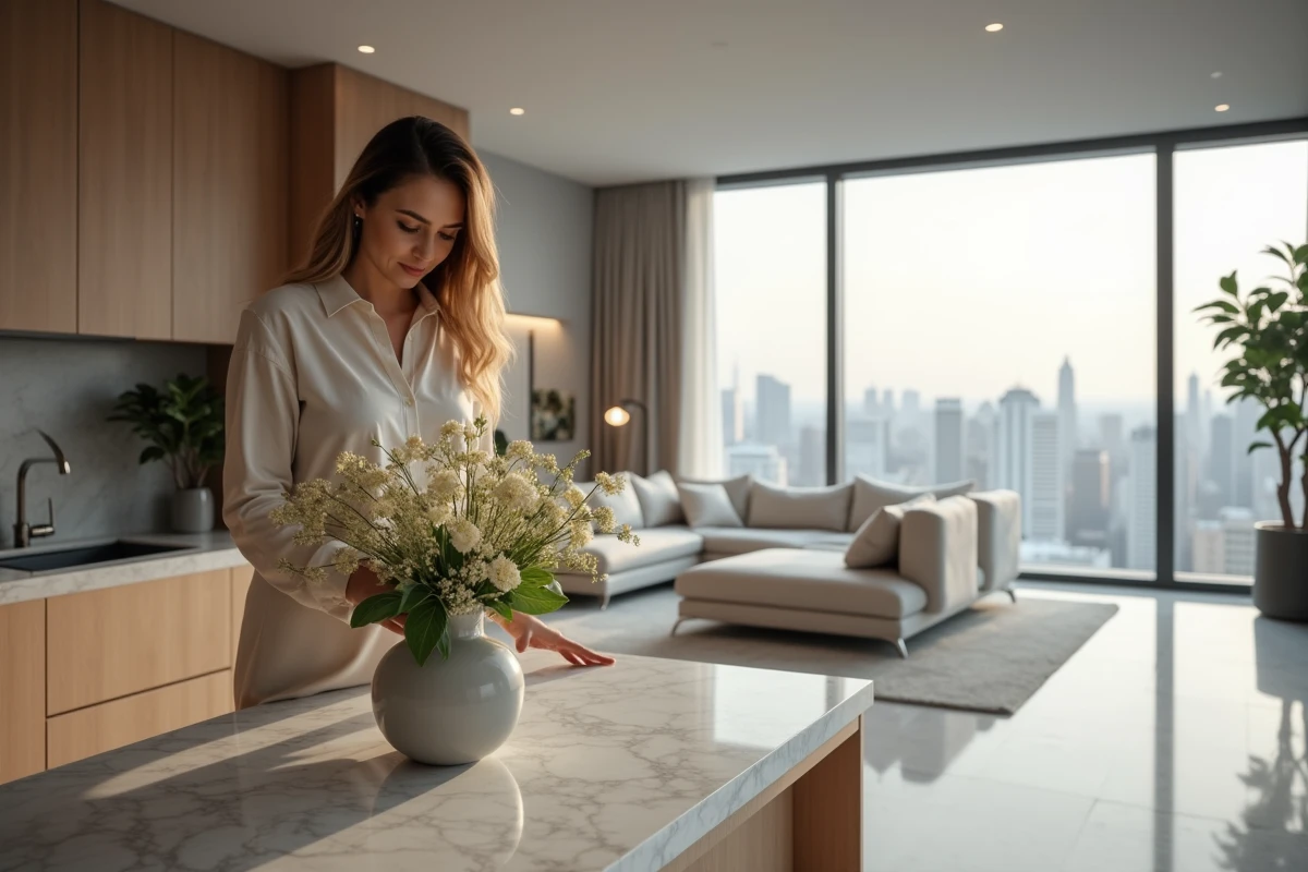 Stagiaire en décoration arrangeant des fleurs dans une cuisine moderne