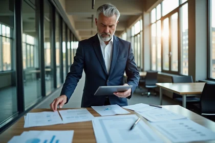 Homme d'affaires en costume bleu dans un bureau lumineux