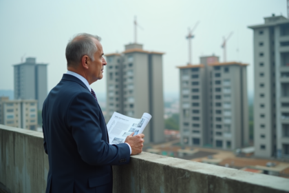 Homme d'affaires regardant un projet immobilier en ville