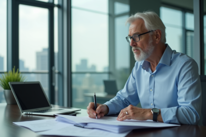 Homme d'affaires analysant des documents dans un bureau moderne