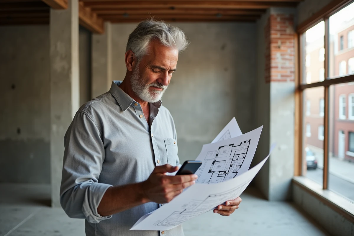 Homme évaluant un appartement à rénover tout en consultant une simulation de prêt immobilier sur smartphone