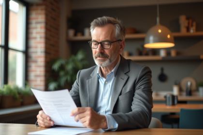 Homme d'âge moyen tenant un document d'assurance dans un appartement moderne