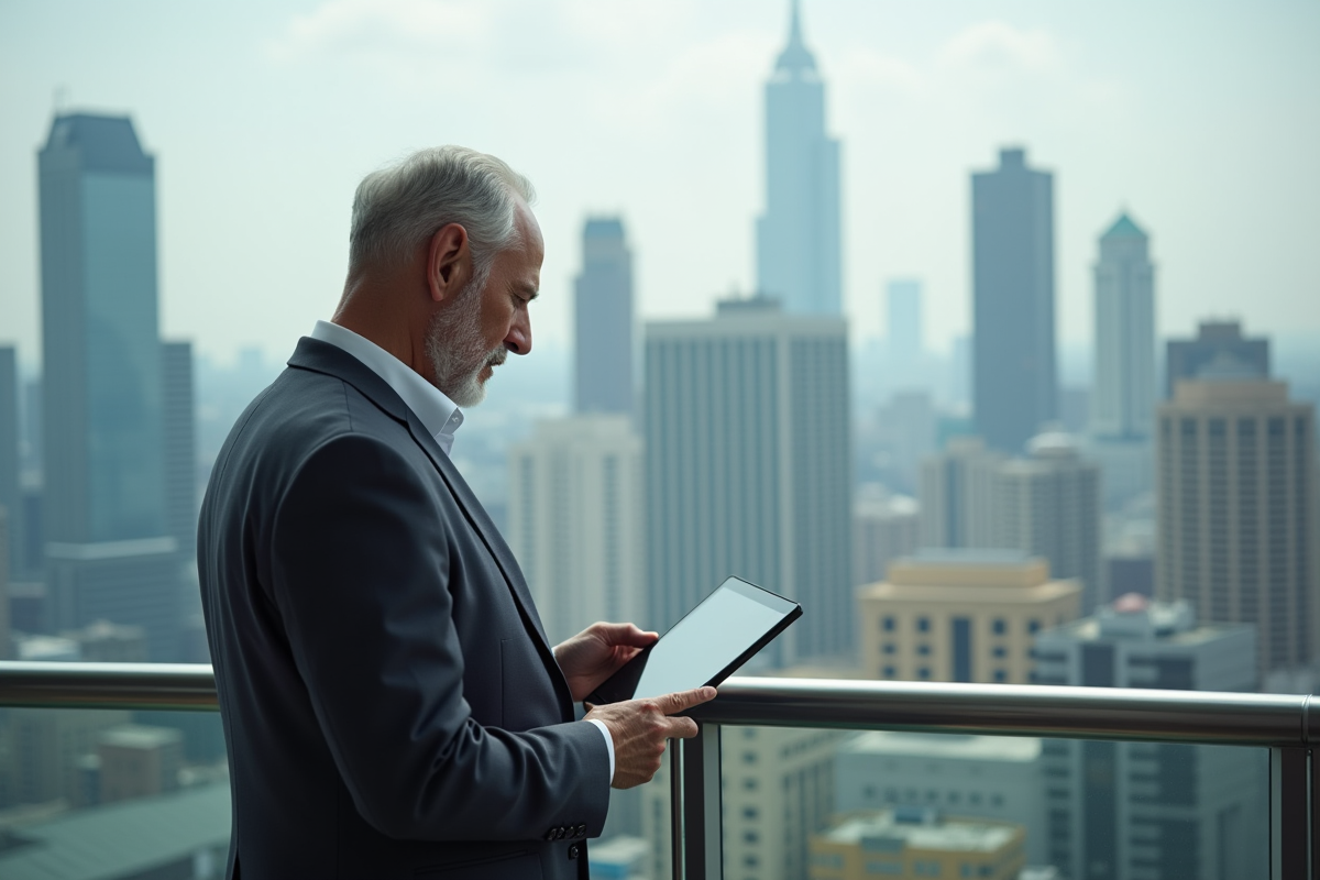 Homme regardant la ville avec une tablette sur le balcon