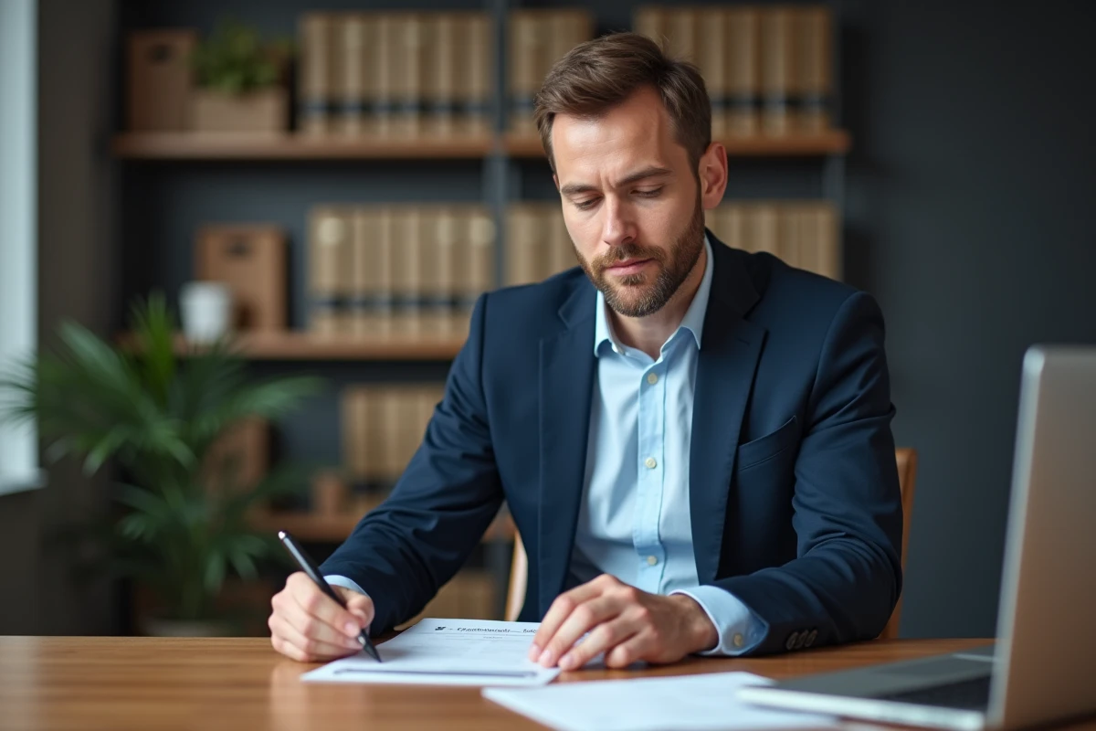 Homme d'affaires vérifiant un registre dans son bureau