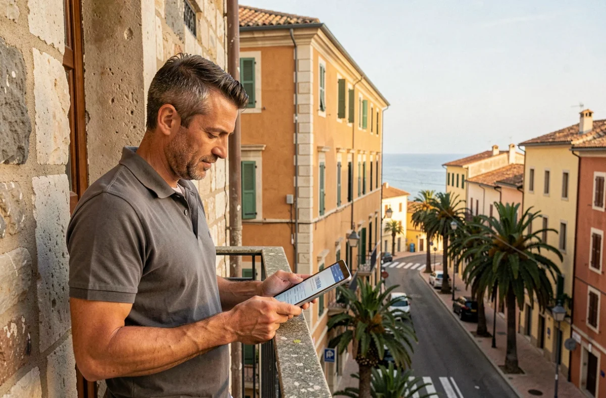 Homme comparant des assurances habitation sur tablette depuis un balcon à Ajaccio