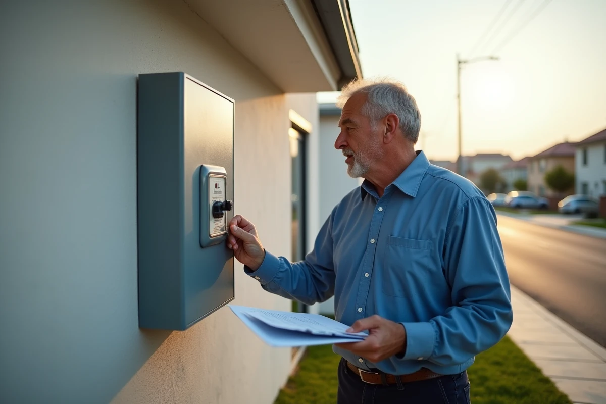 Homme vérifie un compteur électrique extérieur