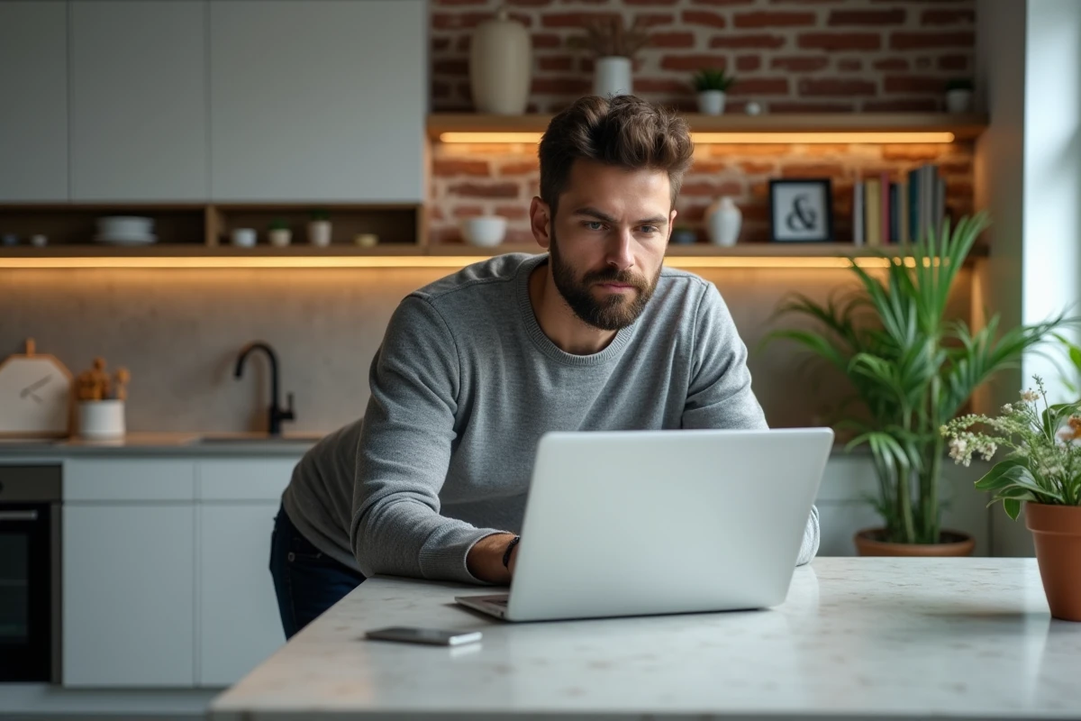 Homme consultant un logiciel de gestion immobilière sur son ordinateur portable dans un appartement moderne