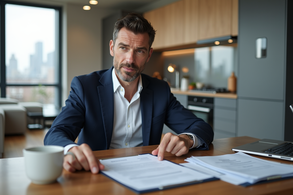 Homme d affaires examinant un contrat dans une cuisine lumineuse