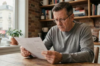 Homme consultant un contrat d'assurance habitation avec une expression préoccupée, assis à une table en bois dans un appartement français