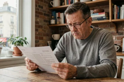 Homme consultant un contrat d'assurance habitation avec une expression préoccupée, assis à une table en bois dans un appartement français