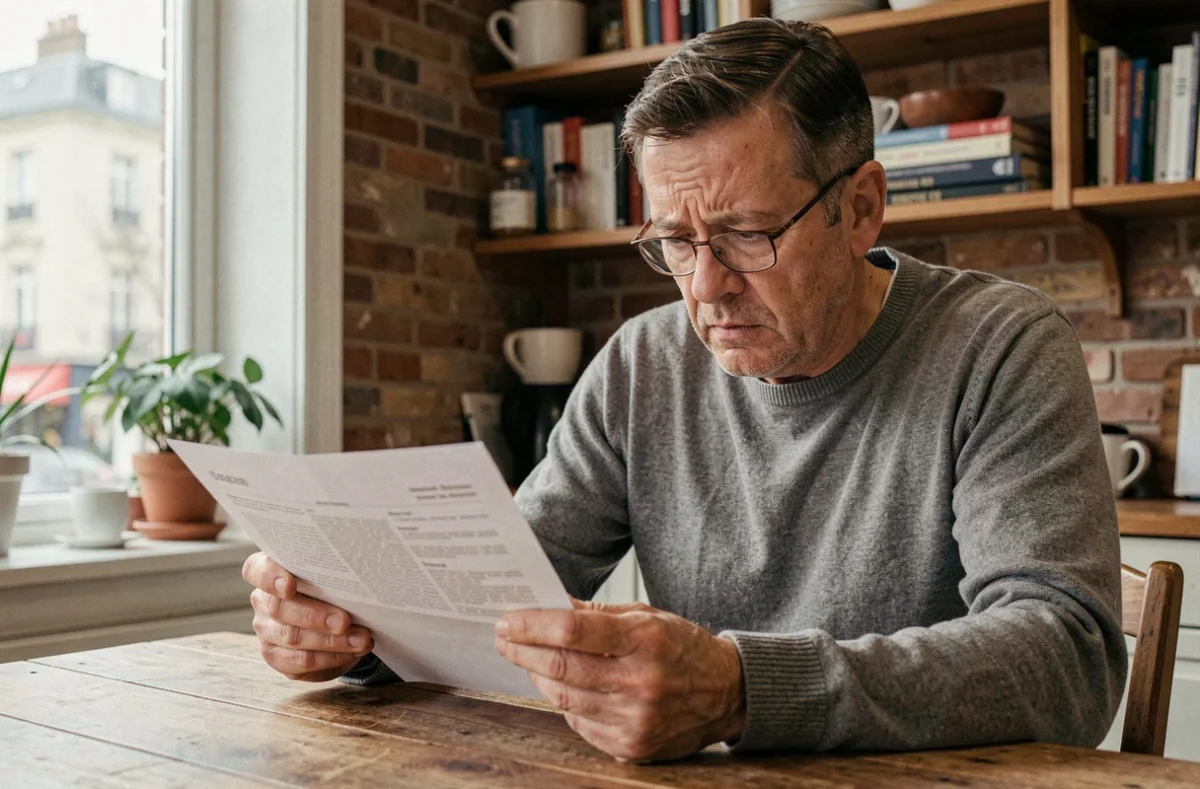 Homme consultant un contrat d'assurance habitation avec une expression préoccupée, assis à une table en bois dans un appartement français