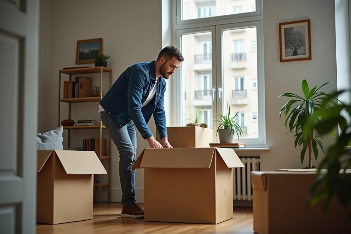 Homme faisant ses cartons dans un appartement en déménagement