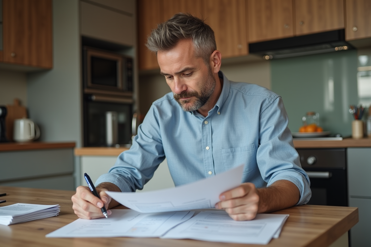 Homme d'âge moyen lisant des documents à table