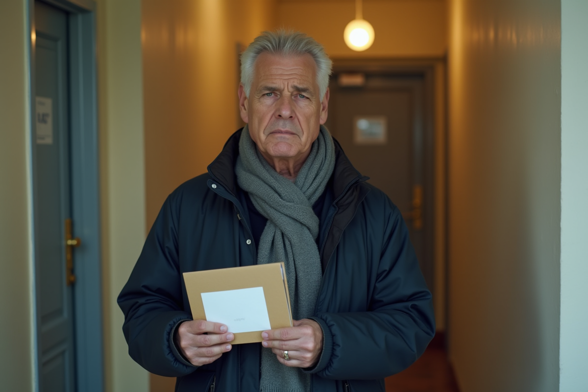 Homme tenant une enveloppe dans un couloir d