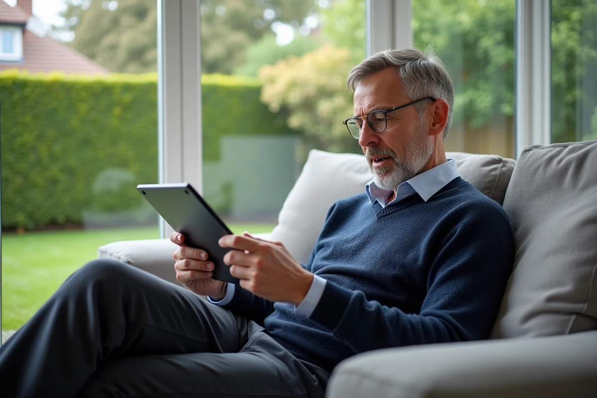 Homme utilisant une tablette pour évaluer la maison