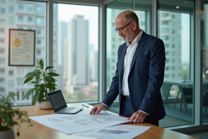 Homme d'âge moyen en costume bleu examine des plans immobiliers