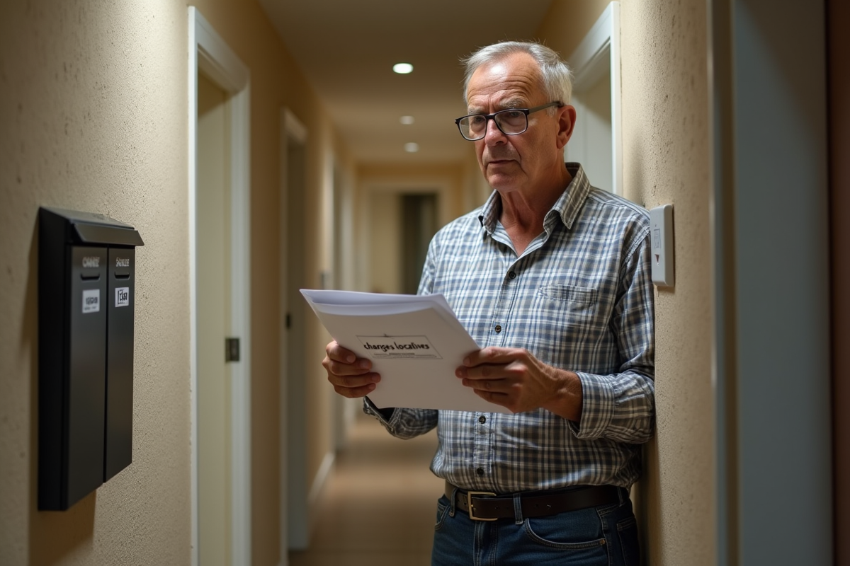 Homme vérifie un document charges locatives dans un hall d