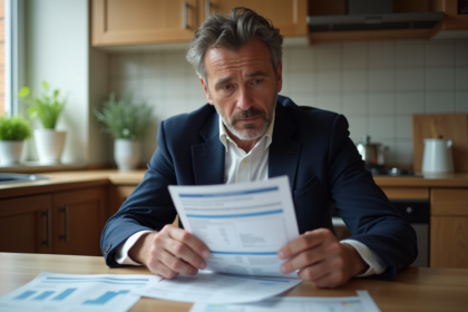 Homme d'âge moyen examinant des documents fiscaux dans sa cuisine