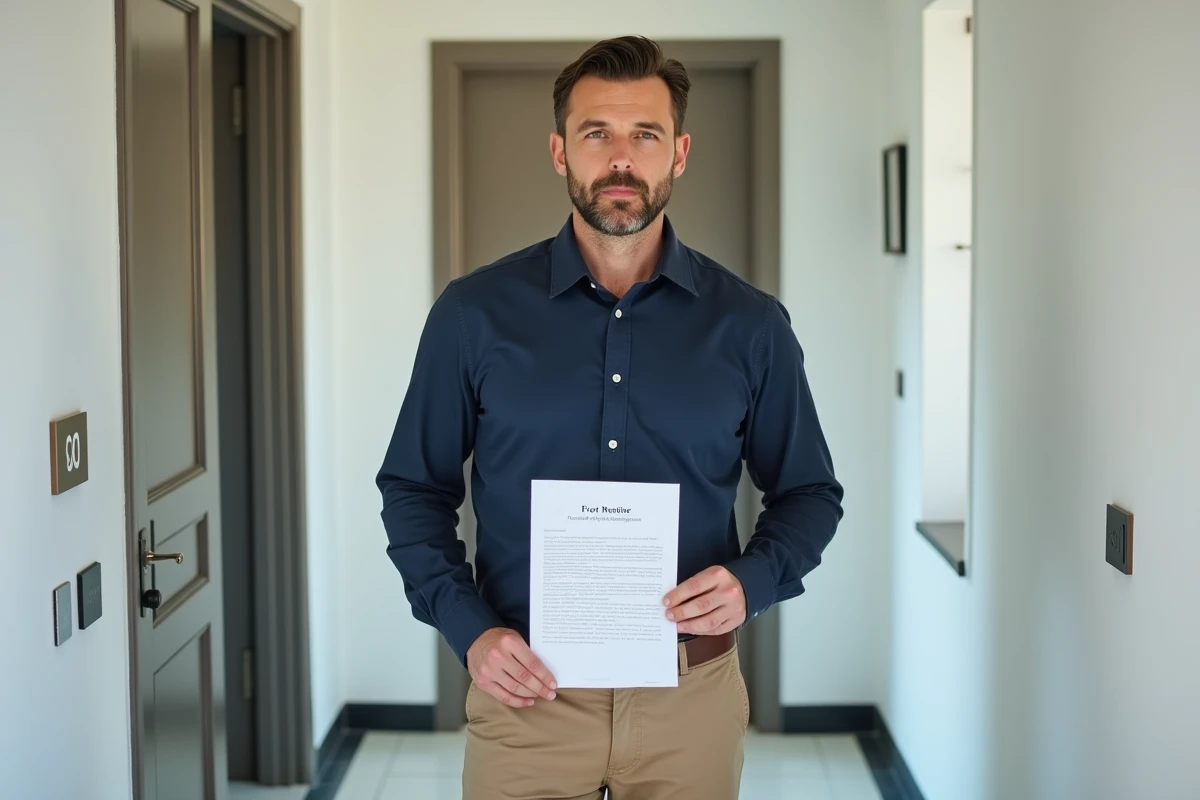 Homme tenant une lettre de motivation devant la porte d'un appartement meublé en location courte durée