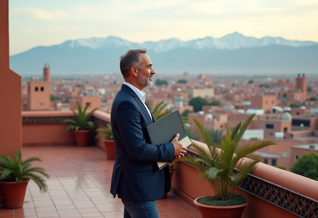 Homme dage dâge moyen sur une terrasse avec vue sur Marrakech