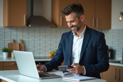 Homme d'affaires en cuisine avec ordinateur et calculatrice