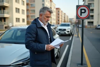 Homme d'âge moyen tenant un document devant un parking urbain