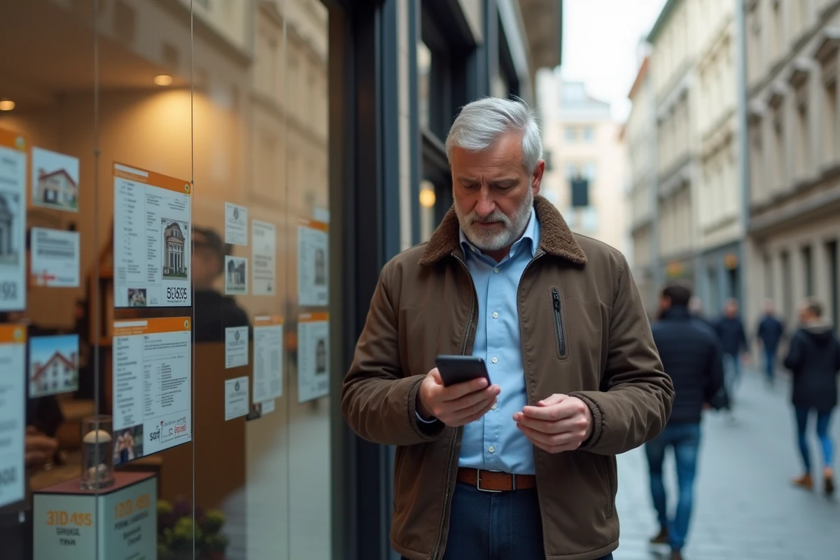 Homme compare prix de biens immobiliers en extérieur