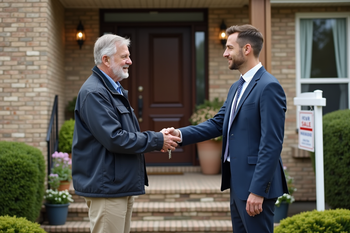 Homme senior remettant des clés à un jeune homme devant une maison