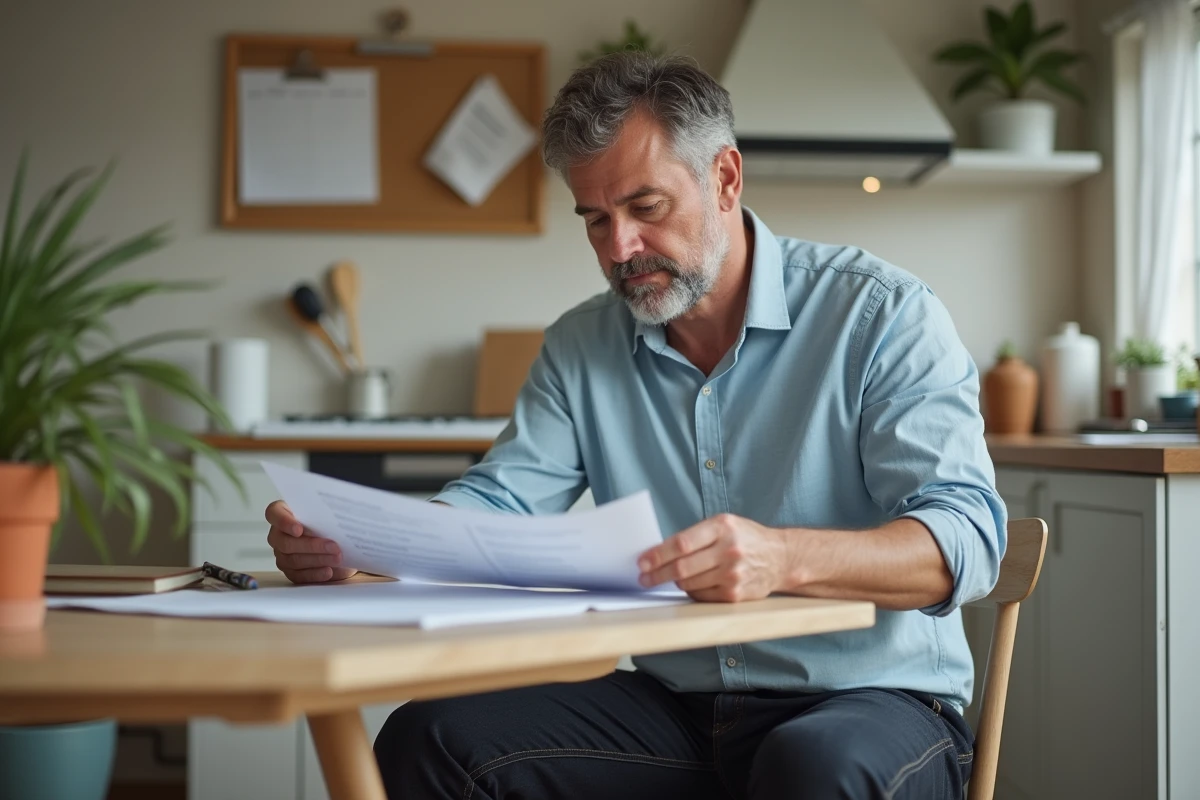 Homme concentré revoyant des documents de relocation à la cuisine