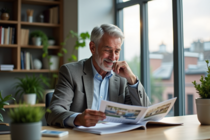 Homme d'âge moyen examine des brochures immobilières dans un bureau lumineux