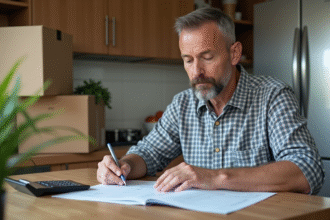Homme d'âge moyen examine un devis de déménagement dans la cuisine