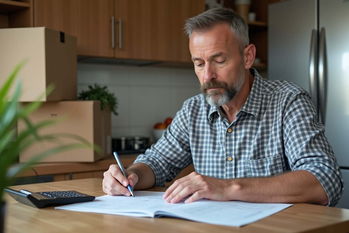 Homme d'âge moyen examine un devis de déménagement dans la cuisine