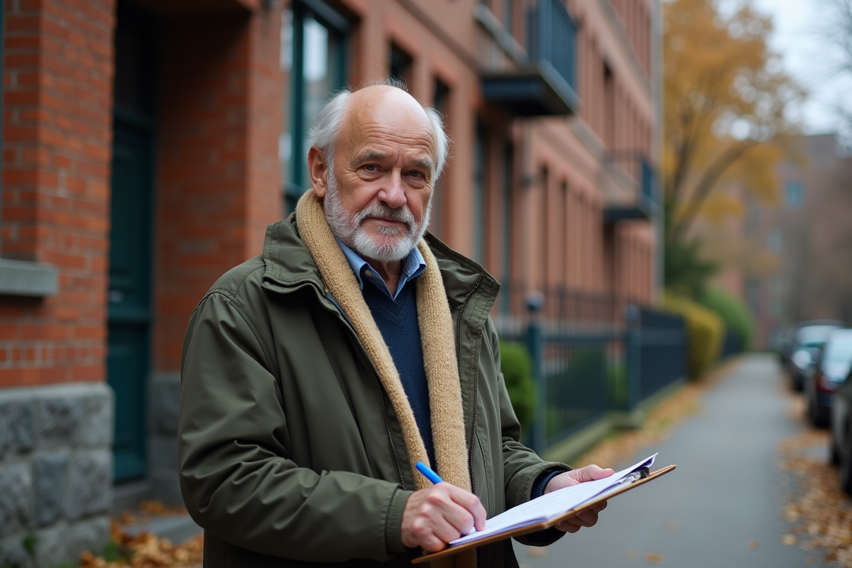 Homme dehors avec un formulaire sur un fond urbain