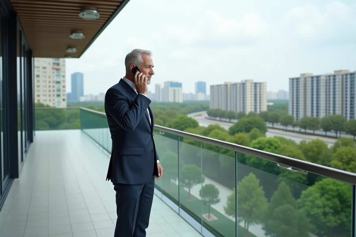 Homme d affaires sur terrasse urbaine avec vue panoramique