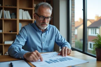 Homme d'âge moyen examinant un rapport immobilier dans un bureau moderne