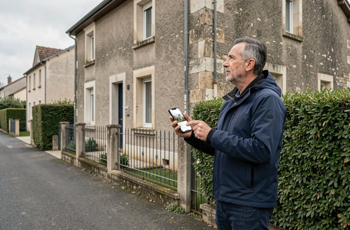 Homme évaluant une propriété immobilière en consultant une annonce entre particuliers sur son smartphone