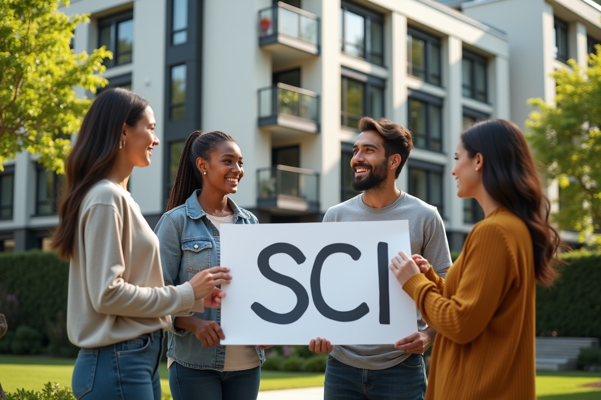 Bâtiment résidentiel lumineux avec un groupe de personnes discutant devant un panneau SCI