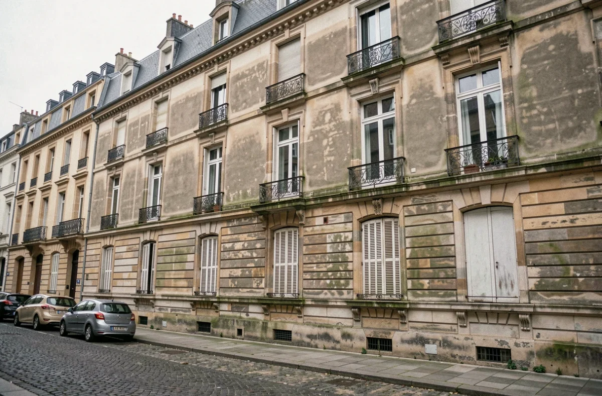 Immeuble vacant aux volets fermés dans une rue française illustrant la taxe sur les logements vacants