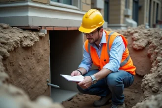 Ingénieur de chantier examinant une fondation en béton exposée lors d'une reprise en sous-œuvre d'un bâtiment ancien