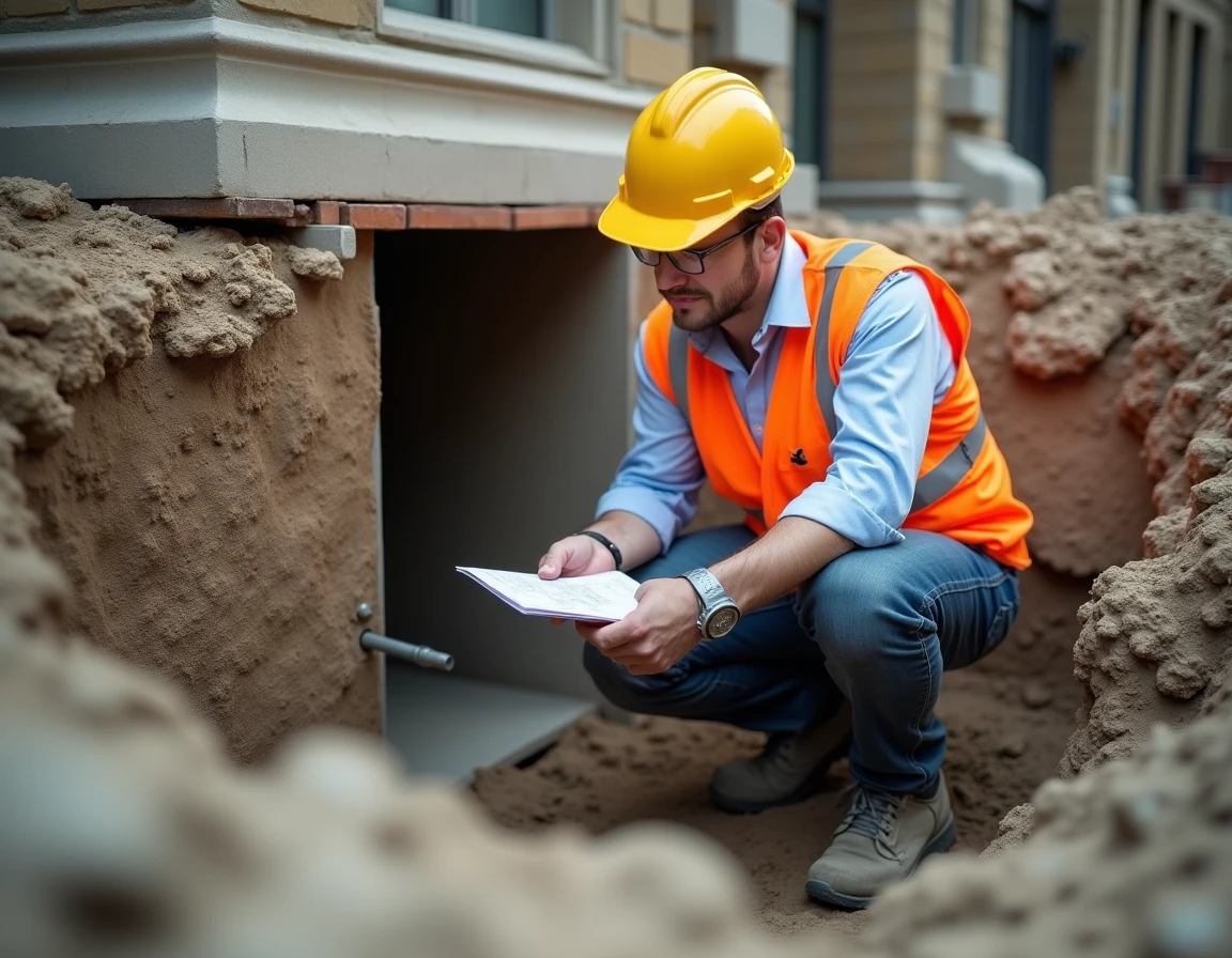 Ingénieur de chantier examinant une fondation en béton exposée lors d'une reprise en sous-œuvre d'un bâtiment ancien