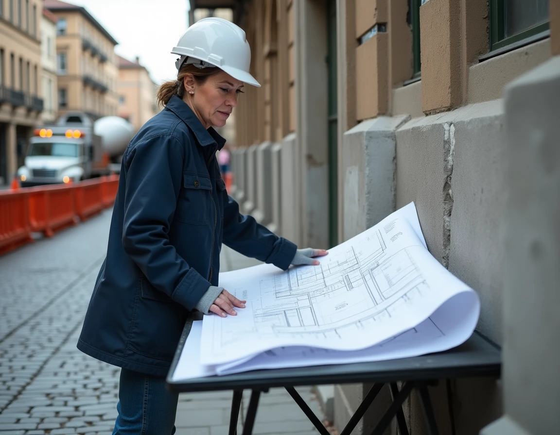 Ingénieure structure consultant des plans de reprise en sous-œuvre devant la façade d'un bâtiment historique en travaux
