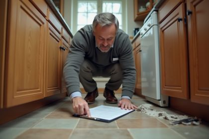 Homme d'âge moyen inspectant des taches d'eau dans la cuisine