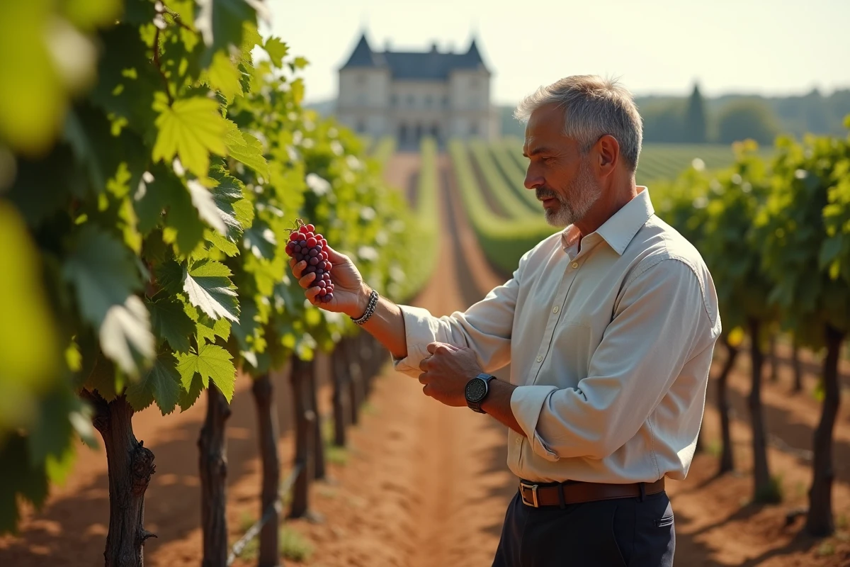 Acheteur potentiel inspectant des grappes de raisin dans un domaine viticole bordelais à vendre en été